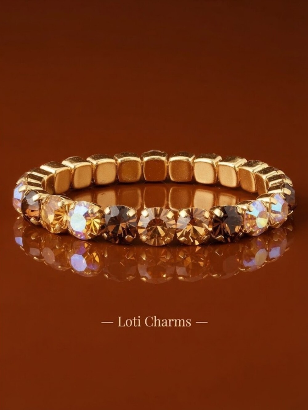 Smoky Topaz & Champagne Swarovski Crystal In Gold Plated Stretch Bracelet
